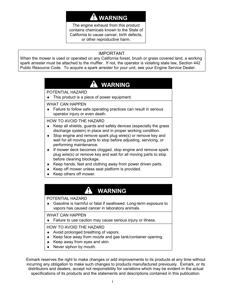 Warning | Exmark Metro User Manual | Page 2 / 44