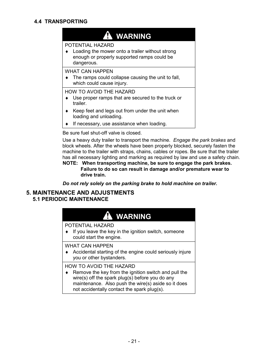 Warning | Exmark Metro User Manual | Page 26 / 44