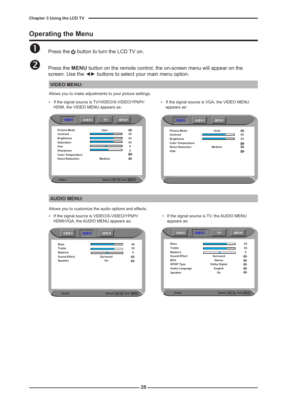 Operating the menu, Press the button to turn the lcd tv on, Video menu: audio menu | Element FLW-1920B User Manual | Page 30 / 46