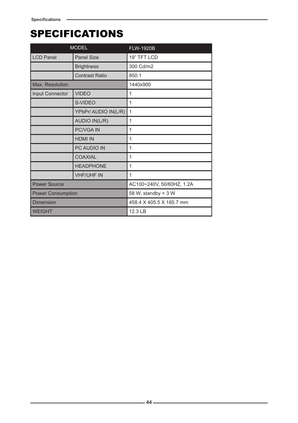 Specifications | Element FLW-1920B User Manual | Page 46 / 46