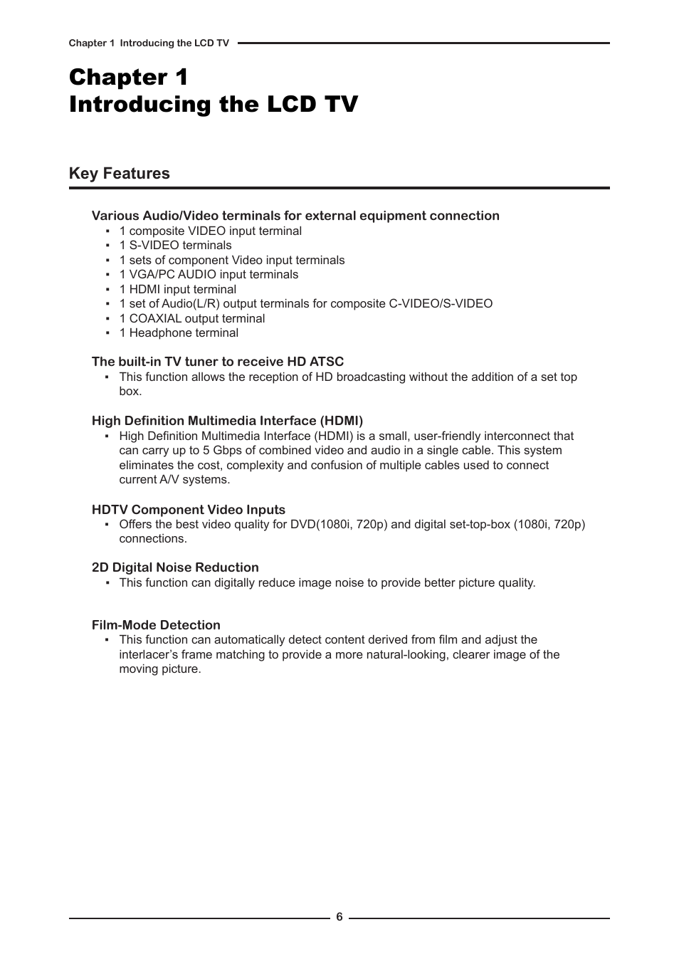 Chapter 1 introducing the lcd tv, Key features | Element FLW-1920B User Manual | Page 8 / 46