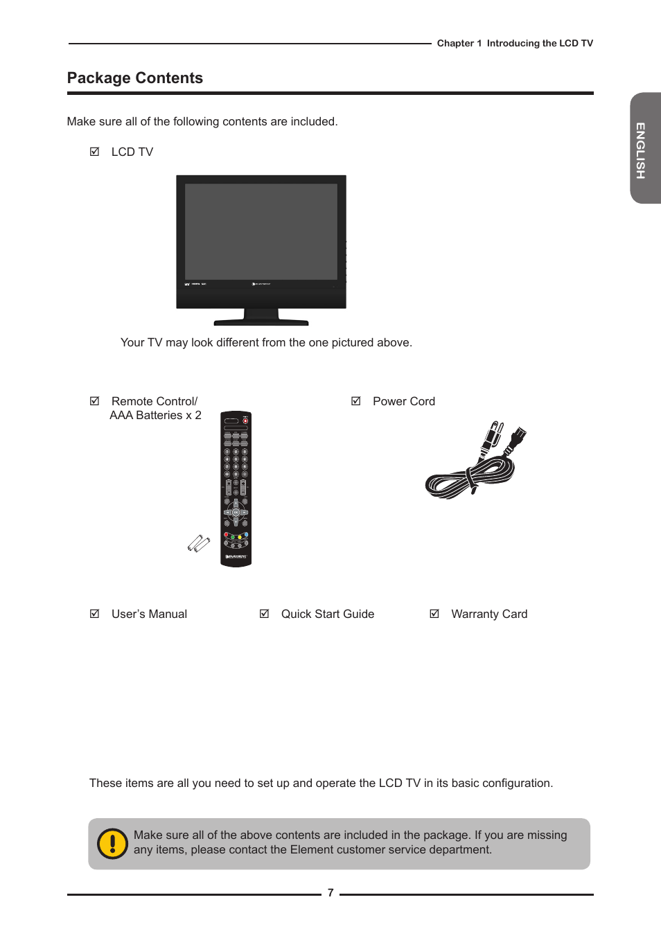 Package contents, English, Chapter  introducing the lcd tv | Element FLW-1920B User Manual | Page 9 / 46