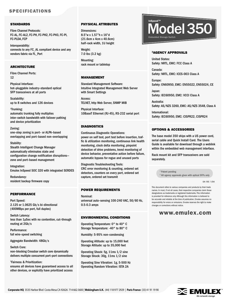 Model 350, Specifications | Emulex 350 User Manual | Page 6 / 6