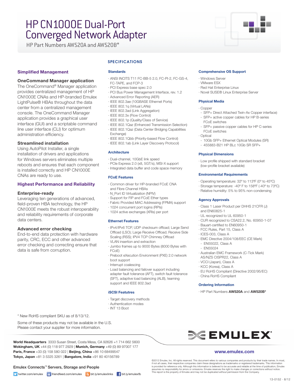 Hp cn1000e dual-port converged network adapter | Emulex CN1000E User Manual | Page 2 / 2