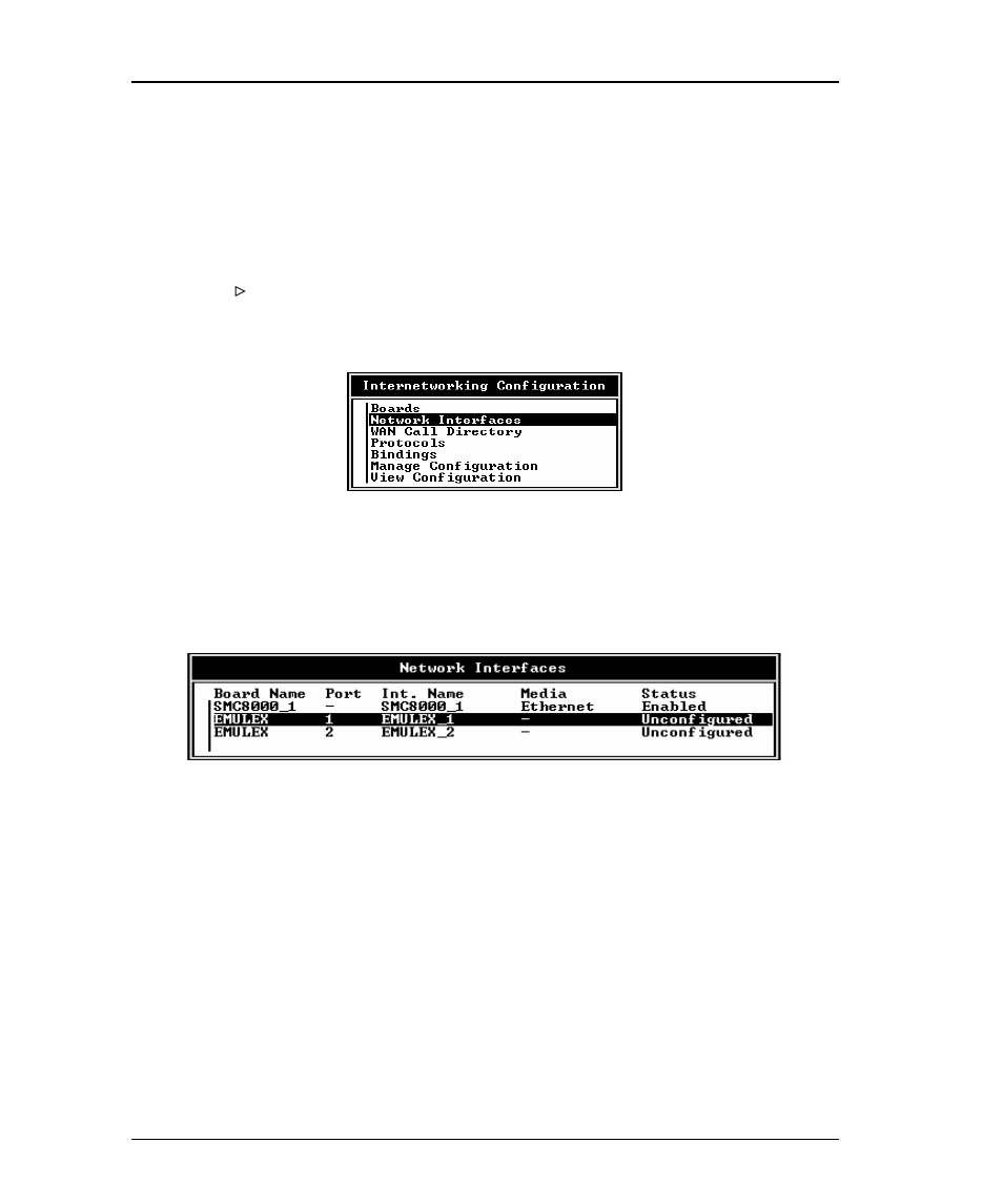 Configuring the network interface, 1) at the server prompt, type, 2) select network interfaces, then press <enter | Configuring the network interface -6 | Emulex DCP_link User Manual | Page 83 / 136