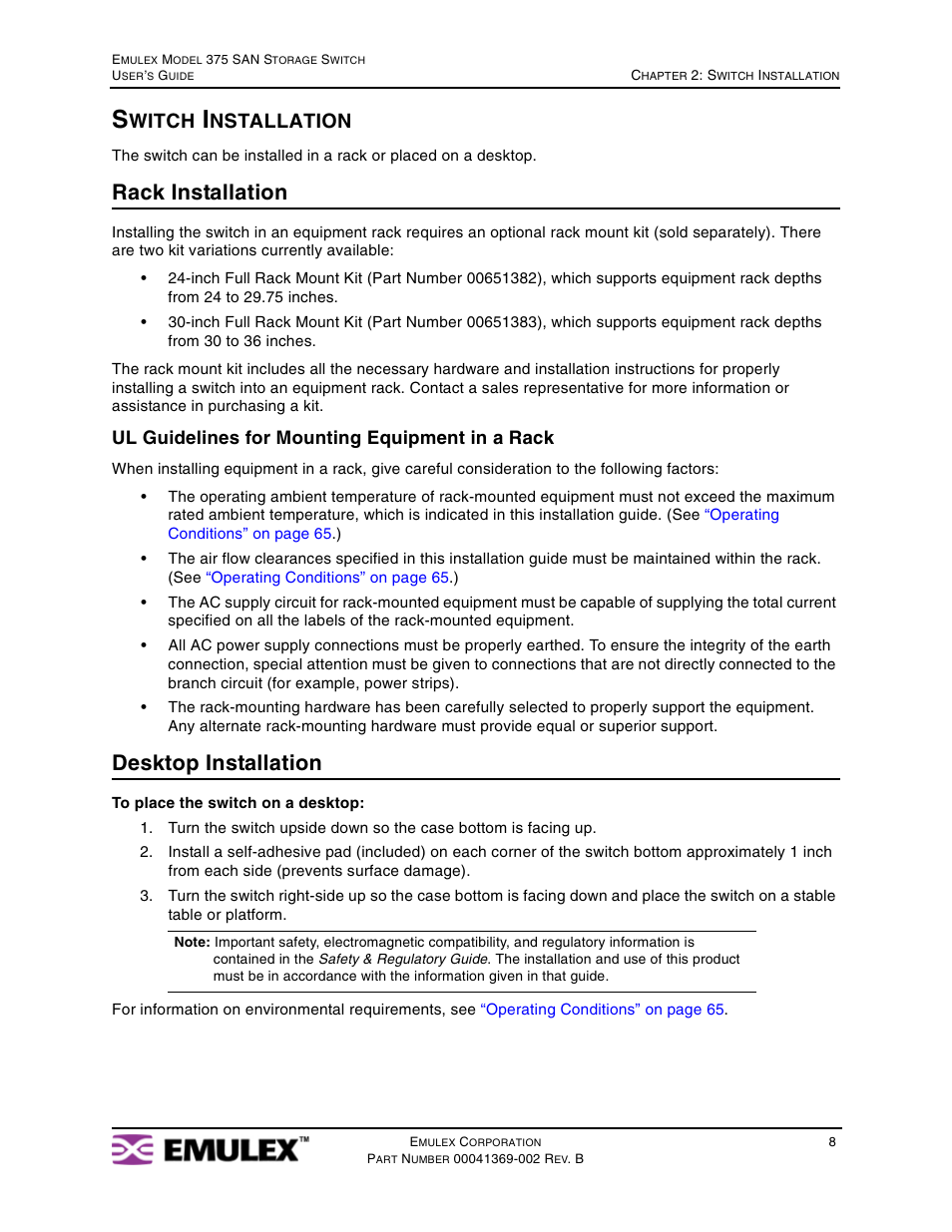 Switch installation, Rack installation, Desktop installation | Witch, Nstallation, Ul guidelines for mounting equipment in a rack | Emulex 375 User Manual | Page 11 / 78