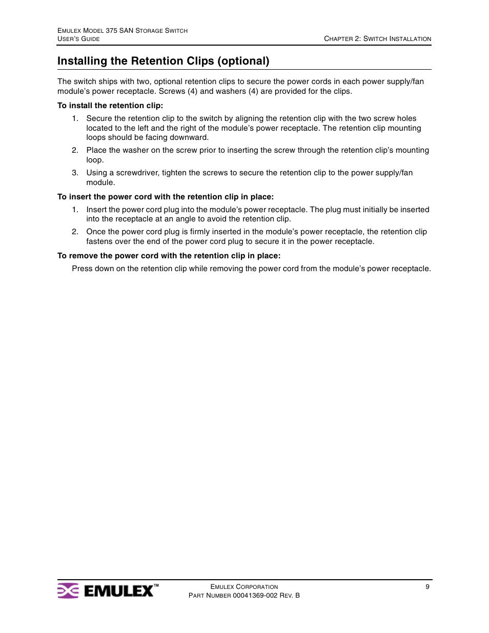 Installing the retention clips (optional) | Emulex 375 User Manual | Page 12 / 78