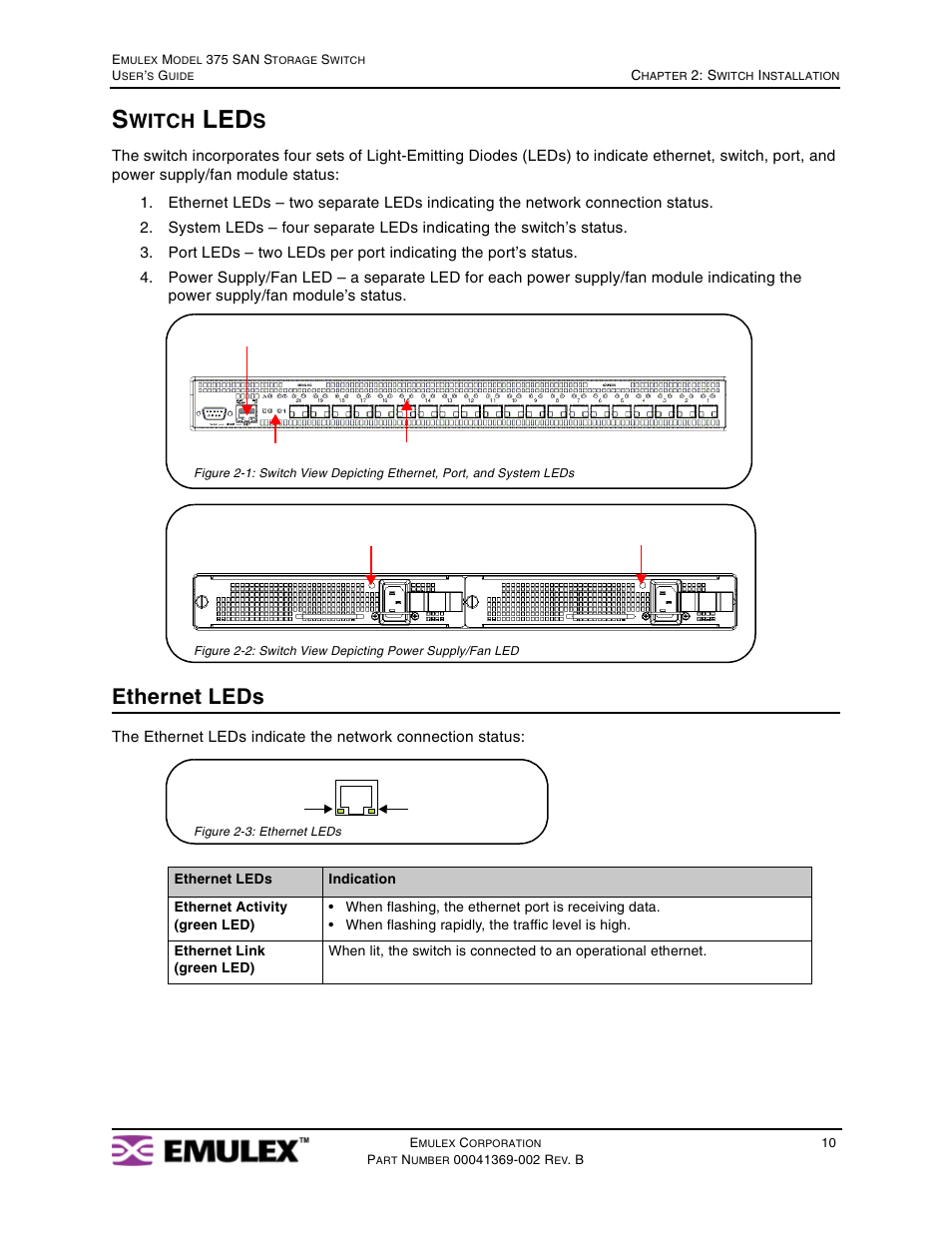 Switch leds, Ethernet leds, Witch | Emulex 375 User Manual | Page 13 / 78