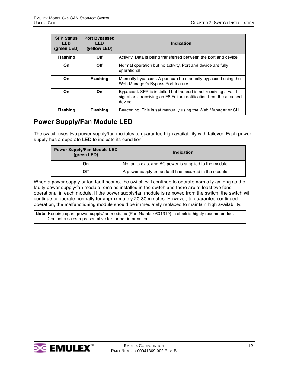 Power supply/fan module led | Emulex 375 User Manual | Page 15 / 78