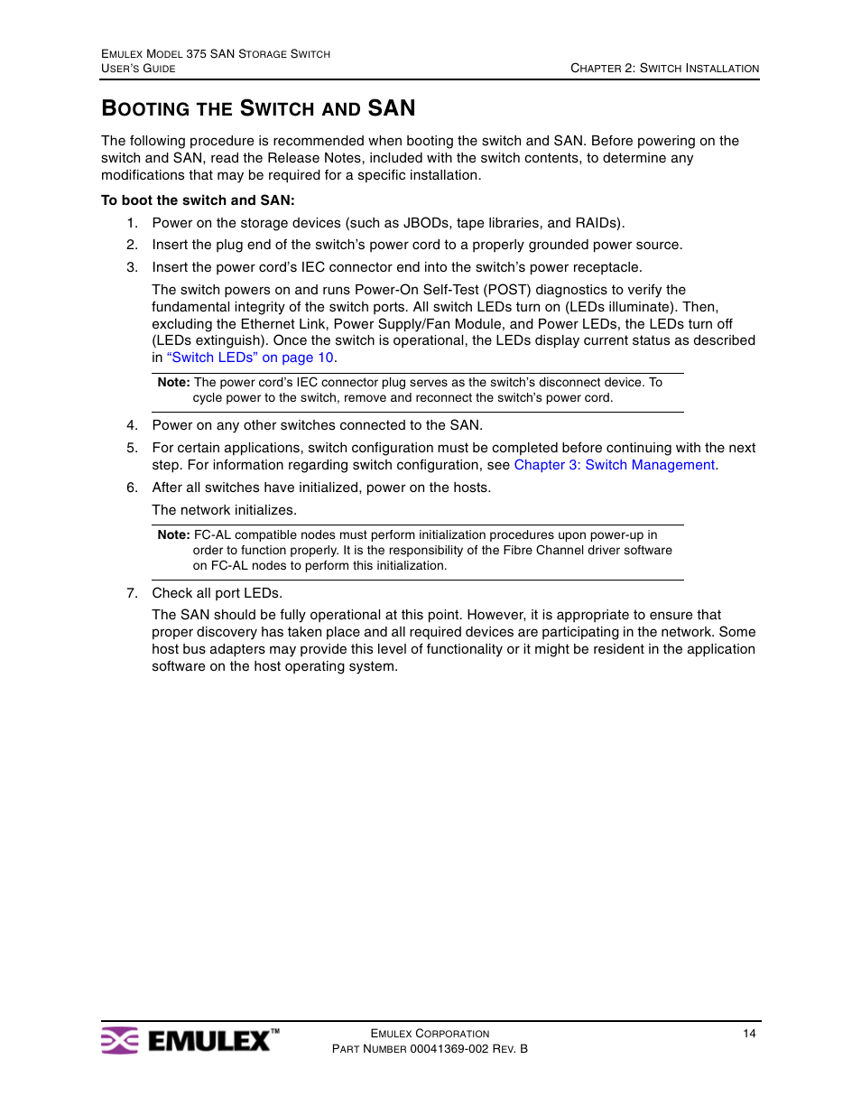Booting the switch and san, Ooting, Witch | Emulex 375 User Manual | Page 17 / 78