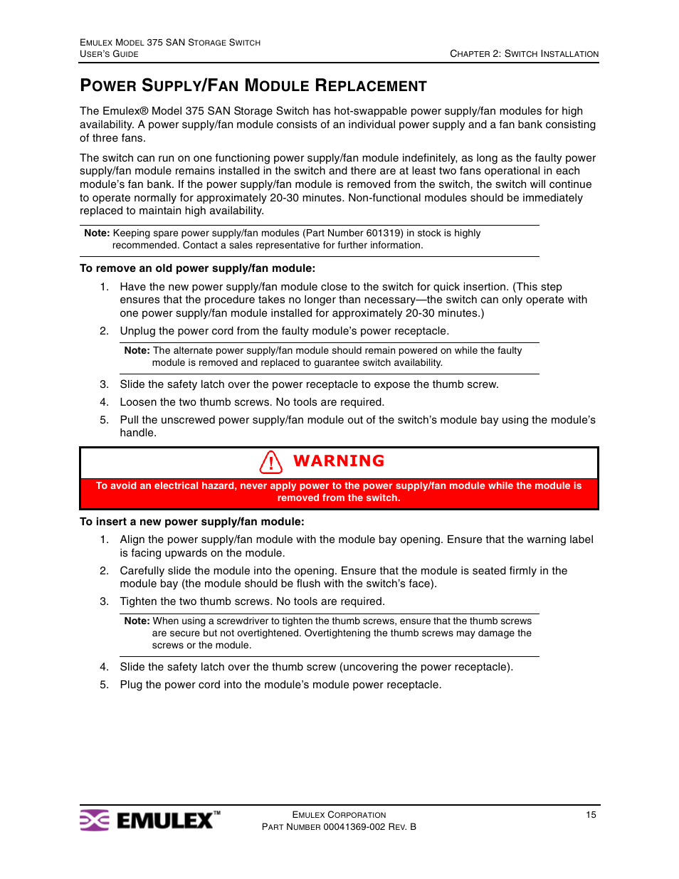 Power supply/fan module replacement, Warning, Ower | Upply, Odule, Eplacement | Emulex 375 User Manual | Page 18 / 78