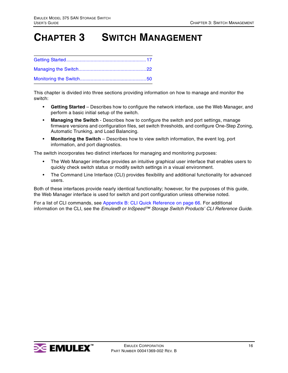 Chapter 3 switch management, Chapter 3: switch management, Hapter | Witch, Anagement | Emulex 375 User Manual | Page 19 / 78