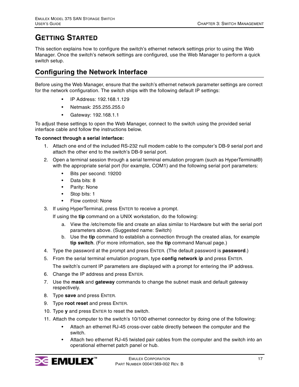 Getting started, Configuring the network interface, Etting | Tarted | Emulex 375 User Manual | Page 20 / 78