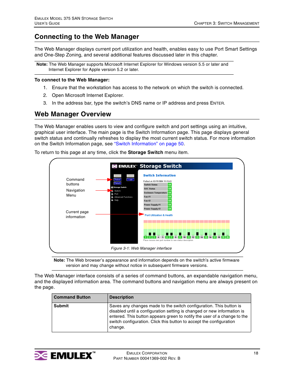 Connecting to the web manager, Web manager overview | Emulex 375 User Manual | Page 21 / 78