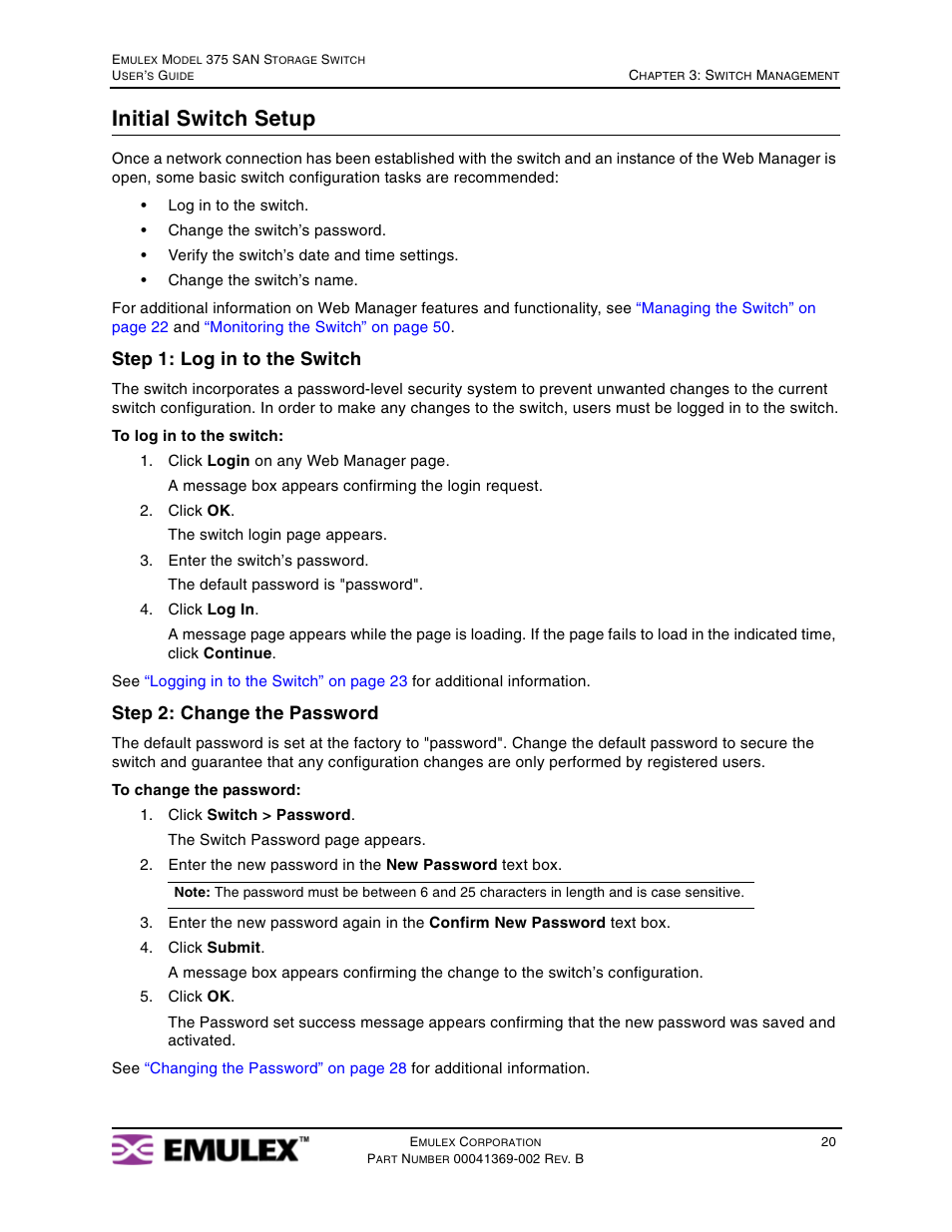 Initial switch setup, Step 1: log in to the switch, Step 2: change the password | Emulex 375 User Manual | Page 23 / 78