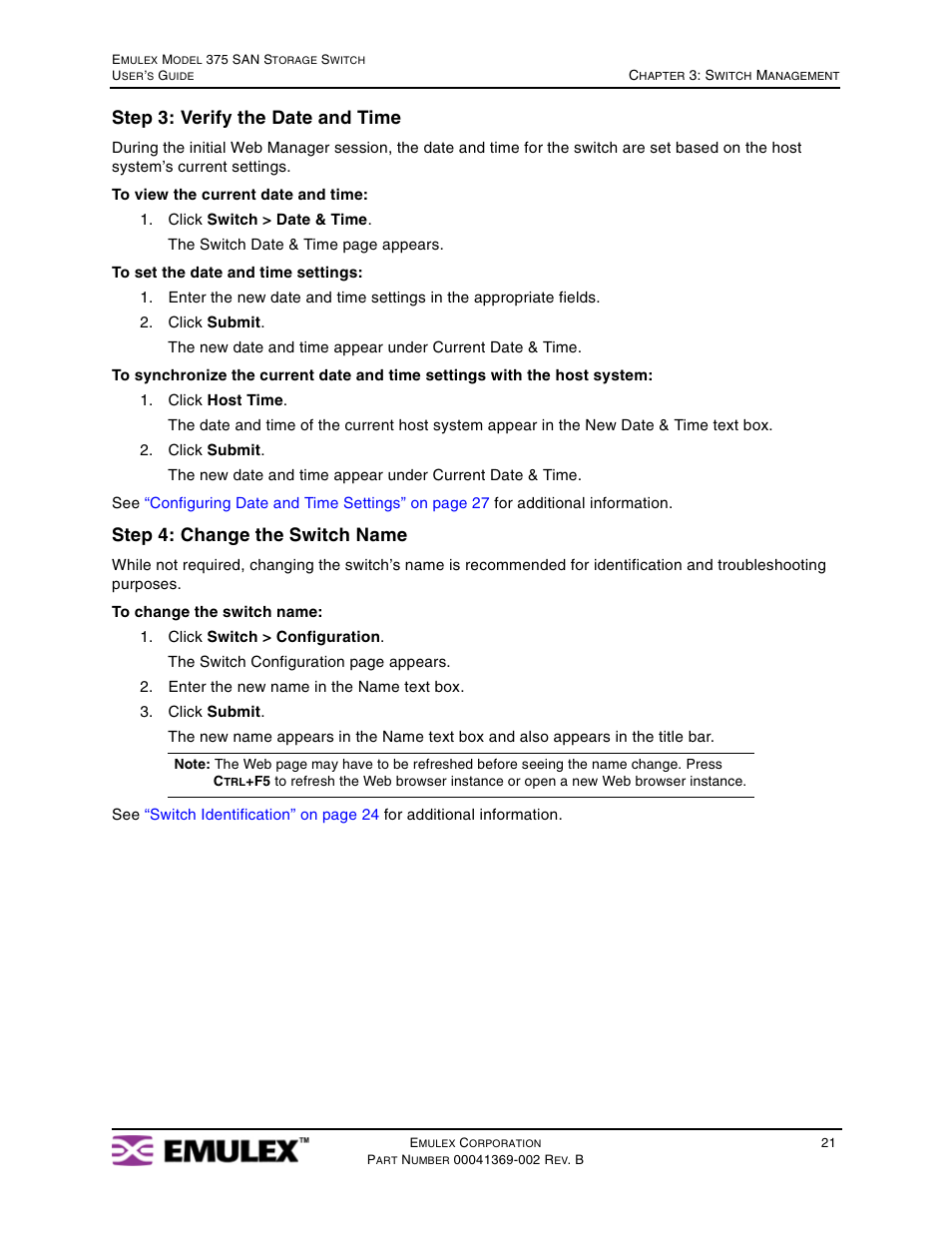 Step 3: verify the date and time, Step 4: change the switch name | Emulex 375 User Manual | Page 24 / 78