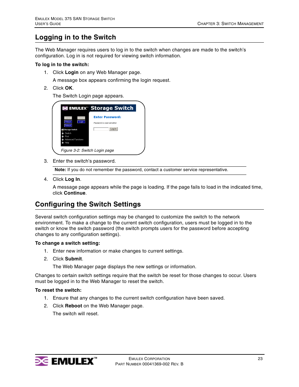 Logging in to the switch, Configuring the switch settings | Emulex 375 User Manual | Page 26 / 78