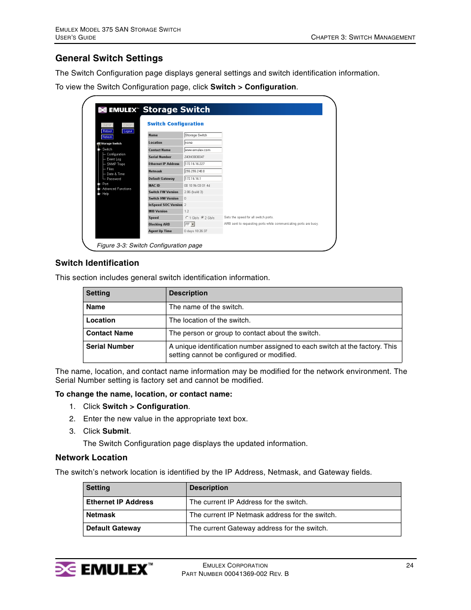 General switch settings, Switch identification, Network location | Emulex 375 User Manual | Page 27 / 78
