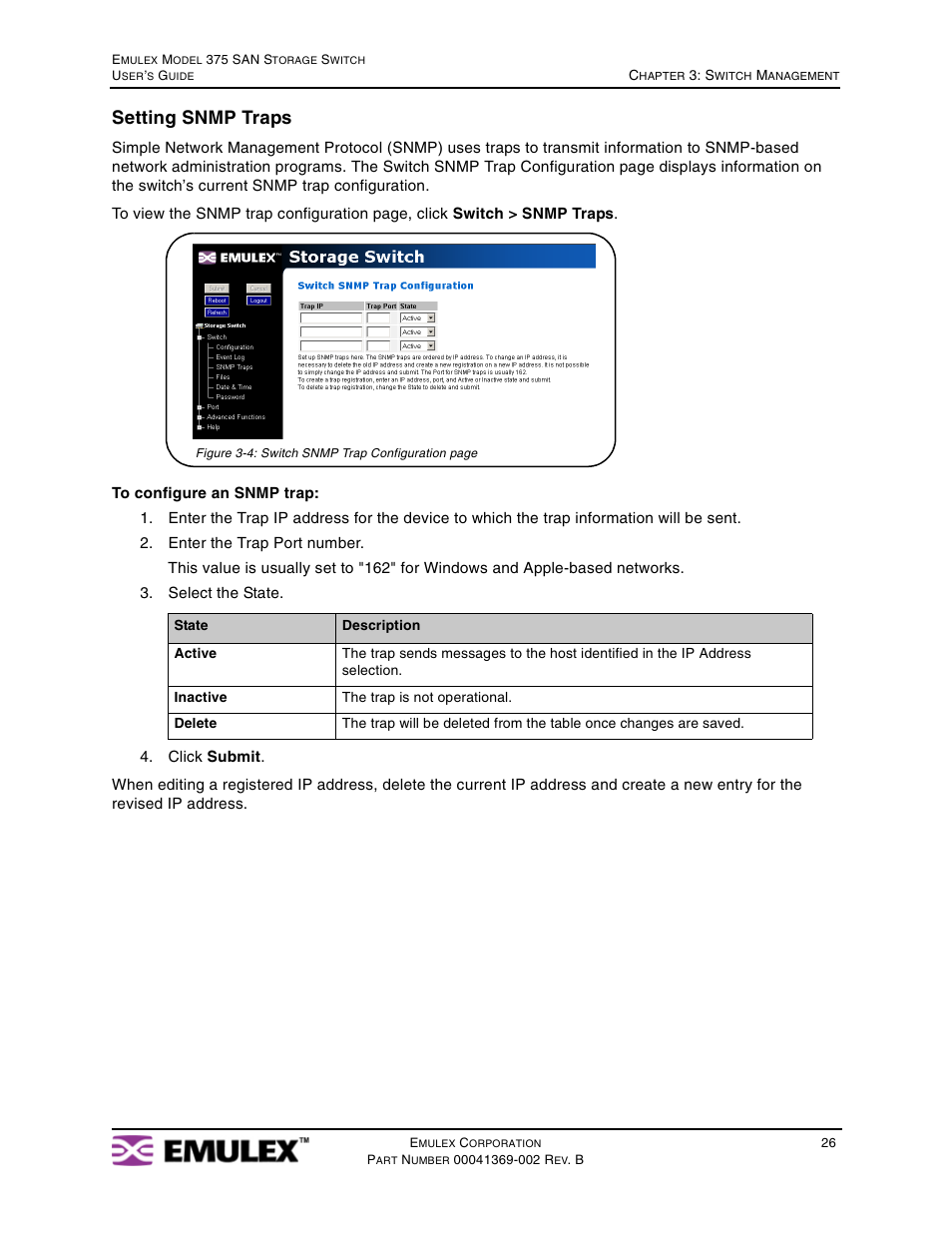 Setting snmp traps | Emulex 375 User Manual | Page 29 / 78