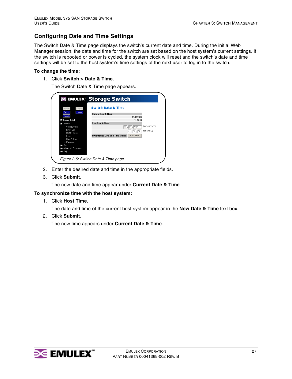 Configuring date and time settings | Emulex 375 User Manual | Page 30 / 78