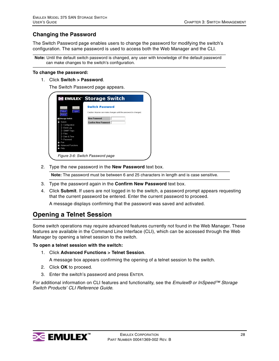 Opening a telnet session, Changing the password | Emulex 375 User Manual | Page 31 / 78