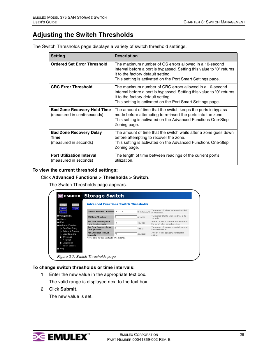 Adjusting the switch thresholds | Emulex 375 User Manual | Page 32 / 78