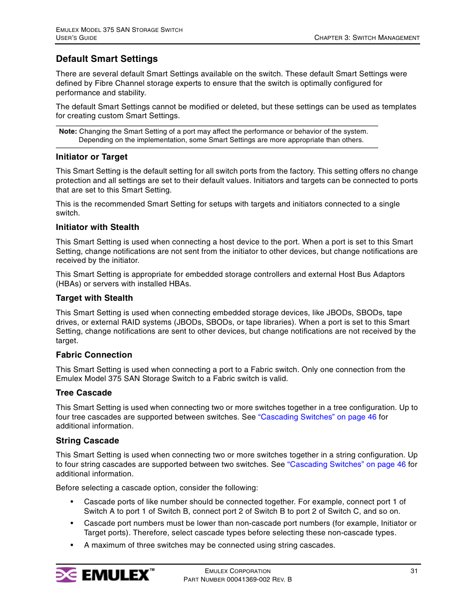 Default smart settings | Emulex 375 User Manual | Page 34 / 78