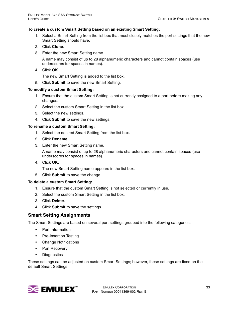 Smart setting assignments | Emulex 375 User Manual | Page 36 / 78