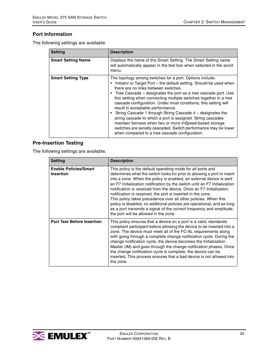 Port information, Pre-insertion testing | Emulex 375 User Manual | Page 37 / 78