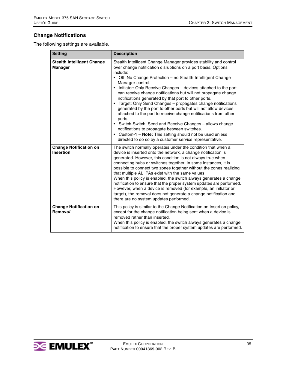 Change notifications | Emulex 375 User Manual | Page 38 / 78