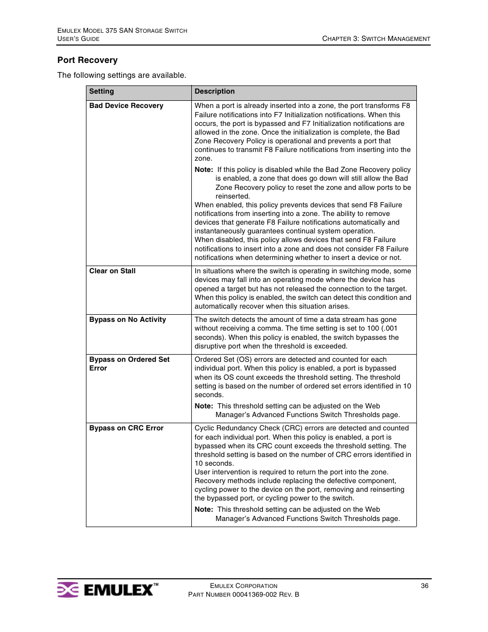 Port recovery | Emulex 375 User Manual | Page 39 / 78