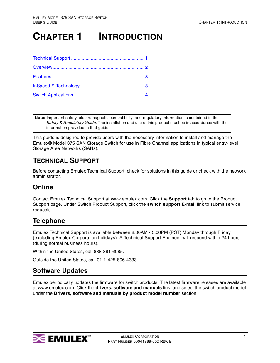 Chapter 1 introduction, Technical support, Chapter 1: introduction | Hapter, Ntroduction, Online, Telephone, Software updates | Emulex 375 User Manual | Page 4 / 78