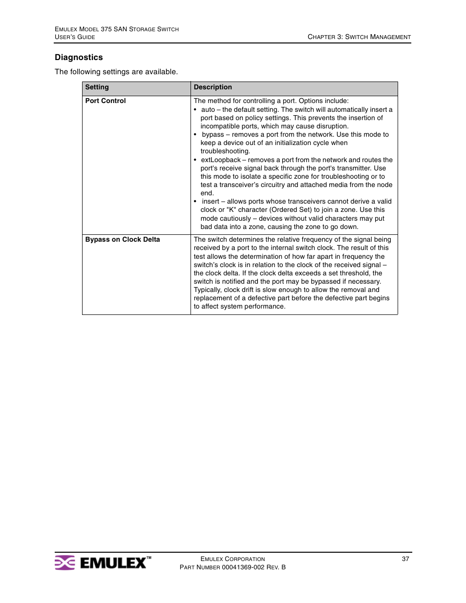 Diagnostics | Emulex 375 User Manual | Page 40 / 78