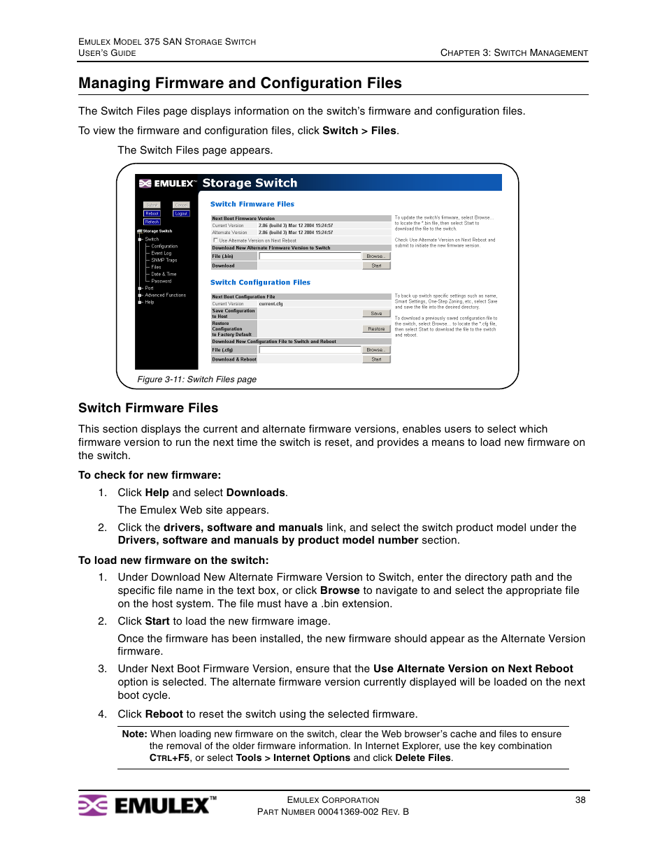 Managing firmware and configuration files, Switch firmware files | Emulex 375 User Manual | Page 41 / 78