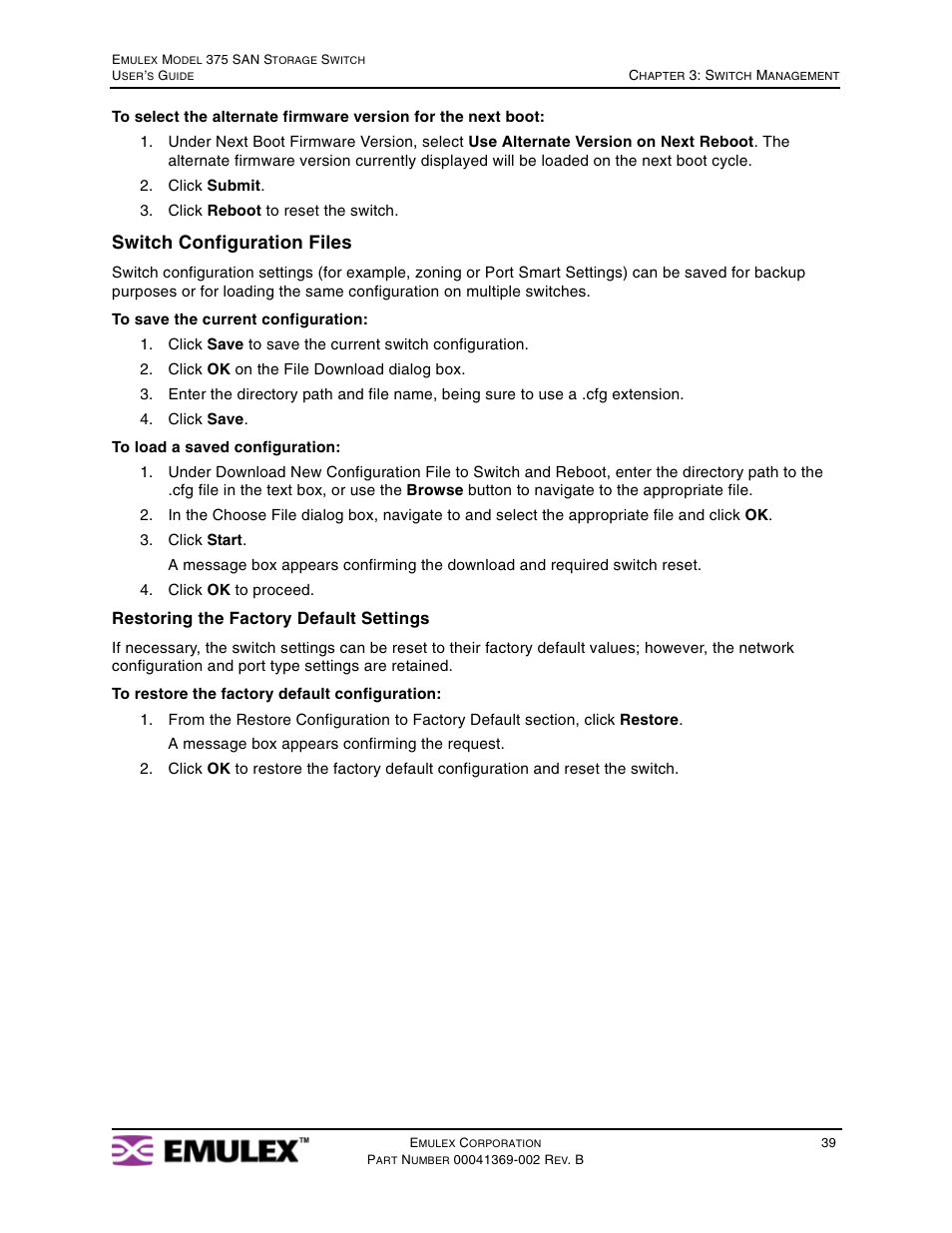 Switch configuration files | Emulex 375 User Manual | Page 42 / 78