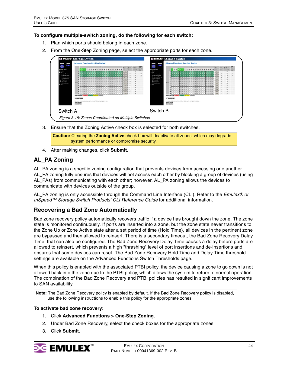Al_pa zoning, Recovering a bad zone automatically | Emulex 375 User Manual | Page 47 / 78