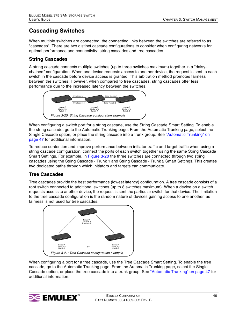Cascading switches, String cascades, Tree cascades | Emulex 375 User Manual | Page 49 / 78