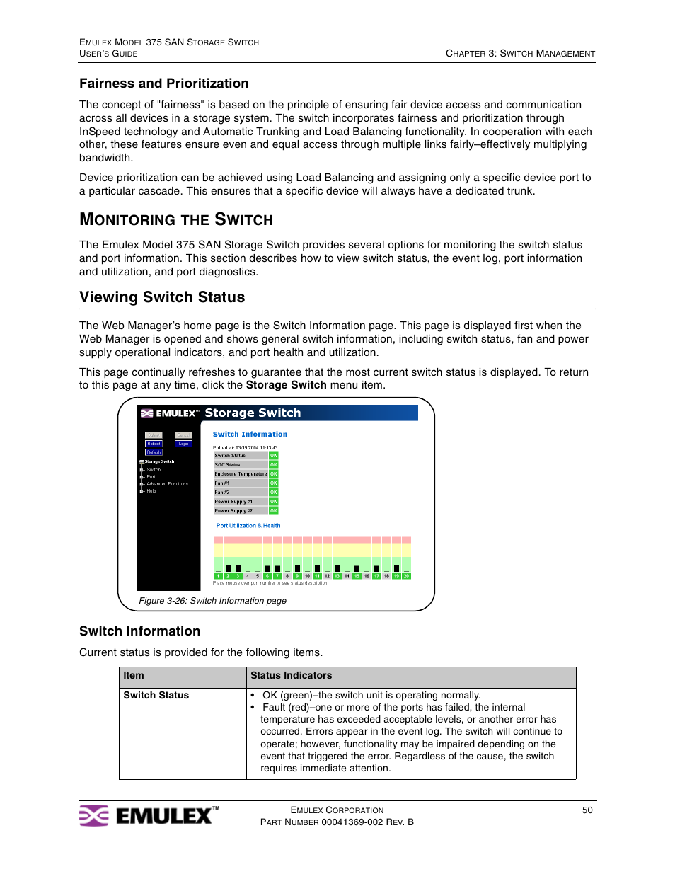 Monitoring the switch, Viewing switch status, Onitoring | Witch, Fairness and prioritization, Switch information | Emulex 375 User Manual | Page 53 / 78