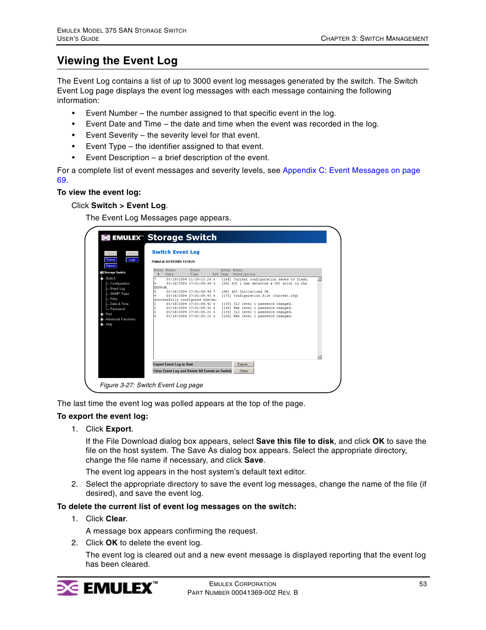 Viewing the event log | Emulex 375 User Manual | Page 56 / 78
