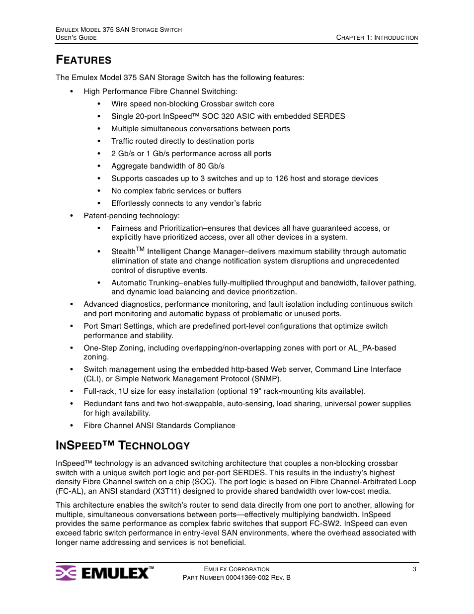 Features, Inspeed™ technology, Eatures | Peed, Echnology | Emulex 375 User Manual | Page 6 / 78