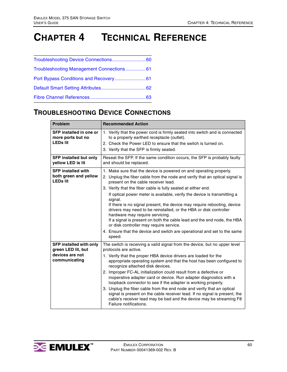 Chapter 4 technical reference, Troubleshooting device connections, Chapter 4: technical reference | Hapter, Echnical, Eference | Emulex 375 User Manual | Page 63 / 78