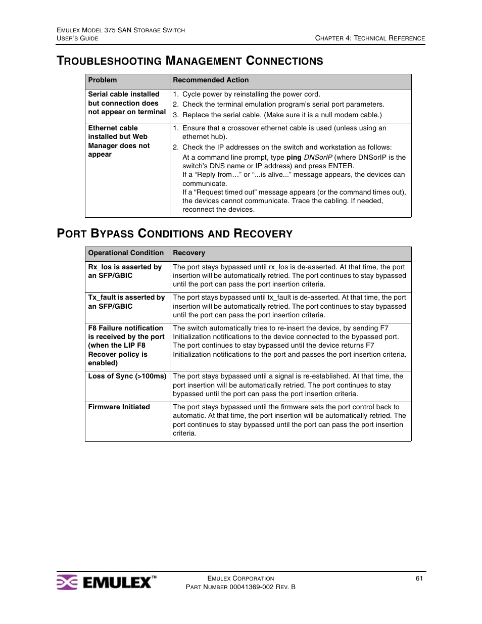 Troubleshooting management connections, Port bypass conditions and recovery, Roubleshooting | Anagement, Onnections, Ypass, Onditions, Ecovery | Emulex 375 User Manual | Page 64 / 78