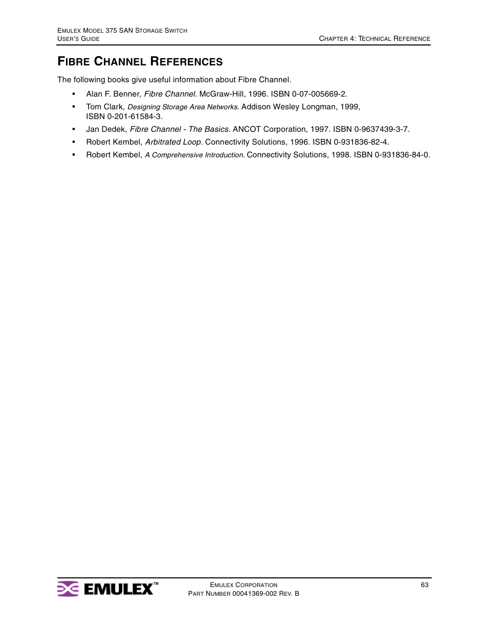 Fibre channel references, Ibre, Hannel | Eferences | Emulex 375 User Manual | Page 66 / 78