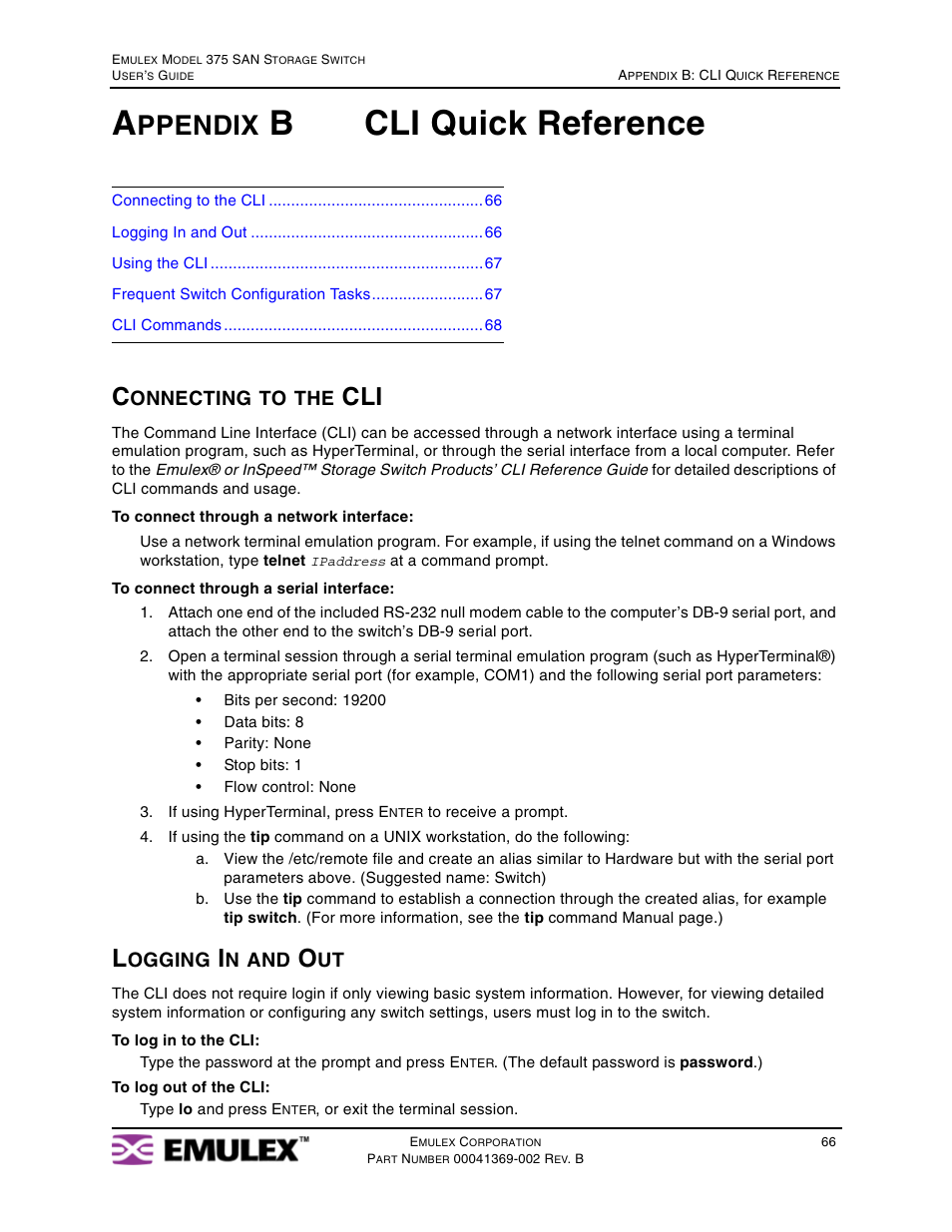 Appendix b cli quick reference, Connecting to the cli, Logging in and out | Appendix b: cli quick reference, Bcli quick reference, Ppendix | Emulex 375 User Manual | Page 69 / 78