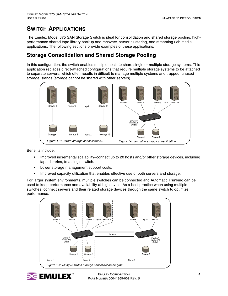 Switch applications, Storage consolidation and shared storage pooling, Witch | Pplications | Emulex 375 User Manual | Page 7 / 78