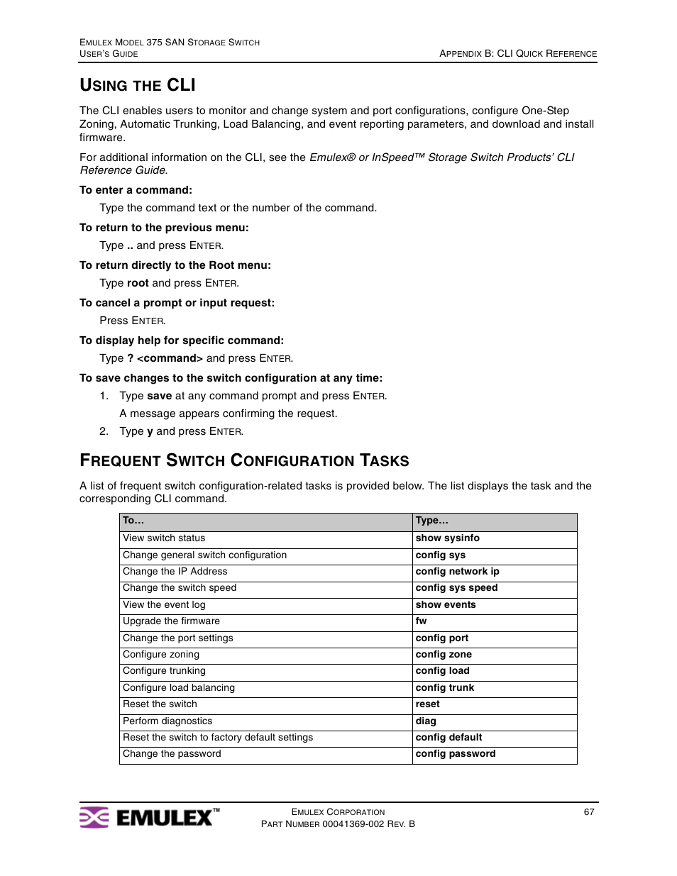 Using the cli, Frequent switch configuration tasks, Sing | Requent, Witch, Onfiguration, Asks | Emulex 375 User Manual | Page 70 / 78
