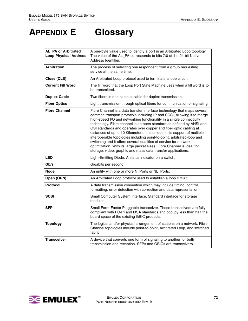 Appendix e glossary, Appendix e: glossary, Eglossary | Ppendix | Emulex 375 User Manual | Page 75 / 78