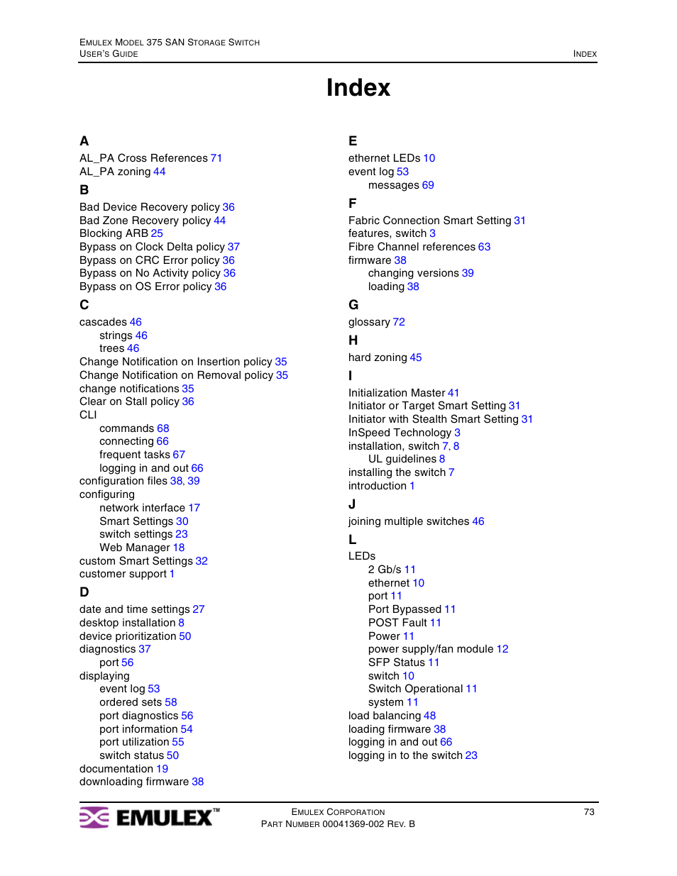 Index | Emulex 375 User Manual | Page 76 / 78