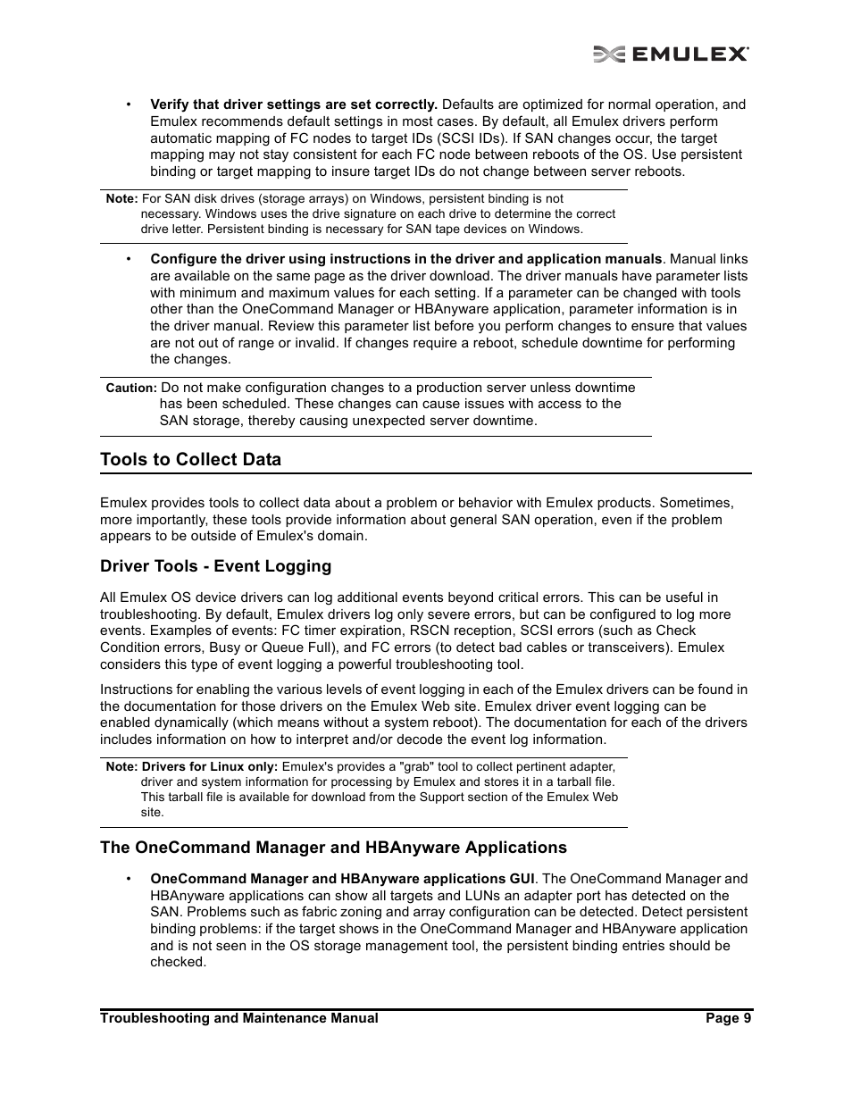 Tools to collect data, Driver tools - event logging, The onecommand manager and hbanyware applications | Tools to collect data 9 | Emulex Adapters User Manual | Page 12 / 24