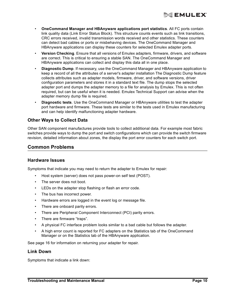 Other ways to collect data, Common problems, Hardware issues | Link down, Common problems 10, Hardware issues link down | Emulex Adapters User Manual | Page 13 / 24